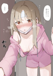  1girl absurdres areola_slip blush breasts brown_eyes cold_pack collarbone downblouse foreshortening heavy_breathing highres hood hoodie itou_konnyaku light_brown_hair long_hair looking_at_viewer mask mouth_mask no_bra original outstretched_arm partially_unzipped shorts small_breasts solo steam surgical_mask sweat 
