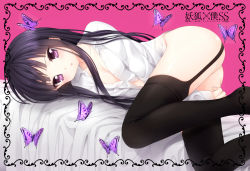 10s 1girl :o bad_id bad_pixiv_id black_hair black_thighhighs bottomless bug butterfly etou_(cherry7) garter_straps insect inu_x_boku_ss long_hair looking_at_viewer lying naked_shirt no_bra no_panties no_shoes on_side open_clothes open_mouth purple_eyes shirakiin_ririchiyo shirt solo thighhighs rating:Questionable score:37 user:danbooru