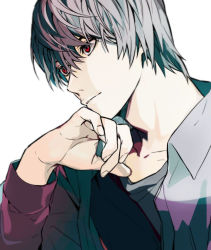  1boy bad_id bad_pixiv_id brown_hair death_note grey_hair hair_between_eyes hand_on_own_chin head_rest looking_to_the_side male_focus nigelungdayo red_eyes solo upper_body yagami_light  rating:Sensitive score:1 user:danbooru