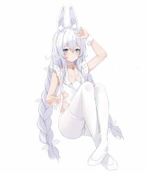 1girl absurdres ass azur_lane braid choker commentary_request full_body grey_eyes hair_between_eyes highres knees_to_chest kuyoumi le_malin_(azur_lane) le_malin_(listless_lapin)_(azur_lane) leotard long_hair looking_at_viewer low-tied_long_hair low_ponytail official_alternate_costume pantyhose playboy_bunny sidelocks simple_background single_braid sleeveless solo symbol-shaped_pupils white_hair white_pantyhose wrist_cuffs rating:Sensitive score:23 user:danbooru
