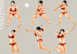  1girl ball barefoot beach_volleyball bikini black_hair breasts brown_eyes cleavage highres huge_breasts jumping keiryu navel original playing_sports ponytail swimsuit volleyball volleyball_(object)  rating:Sensitive score:6 user:Grenji