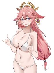  1girl :d animal_ears azmi_yudista bare_arms bare_shoulders bikini blush breasts collarbone commentary cowboy_shot fox_ears genshin_impact groin hair_between_eyes highres large_breasts long_hair looking_at_viewer low-tied_long_hair navel open_mouth pink_hair purple_eyes simple_background smile solo standing stomach swimsuit very_long_hair white_background white_bikini yae_miko  rating:Sensitive score:37 user:danbooru