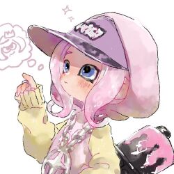  1girl bad_id bad_twitter_id blue_eyes blush closed_mouth commentary doodle_inset fingernails looking_ahead medal nintendo octoling_girl octoling_player_character paint pearl_(splatoon) pink_hair pink_vest plum0o0 pointing pointing_up purple_headwear short_hair simple_background sleeves_past_wrists solo sparkle splatoon_(series) spoken_character sweater symbol-only_commentary tentacle_hair thinking thought_bubble upper_body very_long_sleeves vest visor_cap wavy_mouth weapon weapon_on_back weapon_request white_background white_nails yellow_sleeves yellow_sweater 