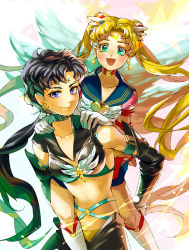  1990s_(style) 2girls :d becky2006 bishoujo_senshi_sailor_moon bishoujo_senshi_sailor_moon_sailor_stars black_gloves black_hair blonde_hair blue_eyes blue_sailor_collar boots brooch carrying choker crescent crescent_facial_mark crescent_moon crop_top double_bun dress earrings eternal_sailor_moon facial_mark forehead_mark gloves green_eyes hair_ornament hairpin happy heart heart_brooch highres jewelry kou_seiya long_hair magical_girl mayo_(becky2006) midriff moon multicolored_eyes multiple_girls open_mouth piggyback ponytail purple_eyes retro_artstyle sailor_collar sailor_moon sailor_star_fighter seiya_kou smile star_(symbol) tiara tsukino_usagi twintails white_footwear white_gloves wing_brooch wings 