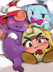  3girls animal_ears ascot blonde_hair blush bow colored_skin diz_(diznaoto) fang ghost_tail gloves goombella hair_over_eyes hat heart heart_in_eye helmet highres looking_at_viewer mario_(series) mining_helmet multiple_girls necktie nintendo paper_mario paper_mario:_the_thousand_year_door peeka_(mario) pink_hair ponytail purple_skin rabbit_ears red_ascot striped_clothes striped_headwear sweat symbol_in_eye take_your_pick very_sweaty vivian_(paper_mario) white_gloves witch_hat wrist_cuffs 