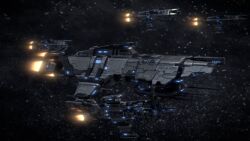  3d advanced_ship_(eve_online) attack_ship_(eve_online) blender_(medium) blurry blurry_background caldari_state_(eve_online) combat_ship_(eve_online) commentary cruiser_(eve_online) dark_background eve_online fleet flying from_side glowing military_vehicle nebula no_humans outdoors realistic science_fiction space spacecraft star_(sky) star_(symbol) starry_background strategic_cruiser_(eve_online) tech_3_ship_(eve_online) tengu_(eve_online) thrusters vehicle_focus wjbarber 