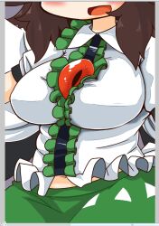  1girl blush breasts brown_hair cape center_frills collared_shirt cowboy_shot fake_scrollbar frilled_shirt frilled_shirt_collar frills green_skirt head_out_of_frame large_breasts long_hair midriff_peek muuei open_mouth puffy_short_sleeves puffy_sleeves reiuji_utsuho shirt short_sleeves skirt solo third_eye_on_chest touhou white_cape white_shirt 