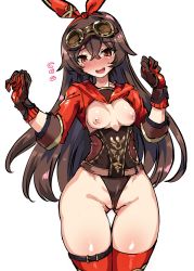 1girl :d absurdres amber_(genshin_impact) blush breasts breasts_out brown_eyes brown_hair cleft_of_venus commentary_request genshin_impact gloves gluteal_fold goggles goggles_on_head hair_between_eyes harigane_shinshi highres leotard long_hair nipples open_mouth red_thighhighs simple_background smile solo thighhighs white_background rating:Questionable score:171 user:danbooru