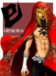  1boy abs artist_request belt blonde_hair blue_eyes cloth gunji long_hair looking_at_viewer male_focus muscular nipples open_mouth pants pectorals solo standing tattoo teeth togainu_no_chi tongue  rating:Sensitive score:4 user:ThatB&amp;WFlag