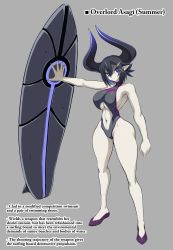  1girl absurdres alternate_costume asagiri_asagi big_horns black_hair blue_eyes breasts clenched_hand demon disgaea female_focus full_body gradient_horns hair_ornament hairclip highres horns huge_breasts jadf multicolored_horns overlord_asagi parody pointy_ears shield_cannon simple_background solo_focus standing surfboard swimming_shoes swimsuit  rating:Sensitive score:53 user:XYZexal