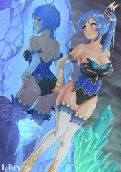  1girl artist_name ass back bare_back bare_shoulders black_leotard blue_eyes blue_hair blue_leotard blush breasts butterfly_hair_ornament cave cleavage collarbone crystal detached_sleeves feet_out_of_frame female_focus hair_ornament highres ice indoors knees_together_feet_apart large_breasts legs leotard long_hair looking_back neck original parted_lips reflection shiny_skin side_ponytail sideboob solo standing strapless strapless_leotard swept_bangs thighhighs thore white_detached_sleeves white_thighhighs 