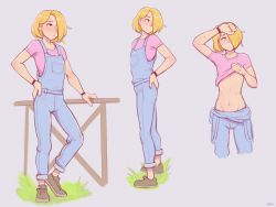  1boy blonde_hair blouse blush caleb_(dross) clothes_lift dross freckles grey_background hair_over_one_eye male_focus original overalls pink_shirt red_eyes shirt shirt_lift short_hair smile solo trap  rating:Sensitive score:225 user:FabricioDias