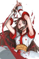 1girl ainu_clothes arms_up blood breasts brown_hair expressionless fingerless_gloves gloves grey_eyes hair_ribbon highres long_hair looking_at_viewer medium_breasts nakoruru ribbon samurai_spirits snk solo stab the_king_of_fighters weapon