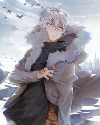  1boy adjusting_clothes bird black_sweater castle claw_ring closed_mouth coat command_spell expressionless fate/grand_order fate_(series) fur-trimmed_coat fur_trim grey_coat hair_between_eyes highres hood hooded_coat kadoc_zemlupus long_sleeves looking_to_the_side male_focus outdoors short_hair solo sweater upper_body white_hair wowishi yellow_eyes 