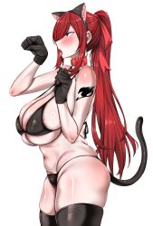  1girl animal_ears arm_tattoo arm_up back-tie_bikini bikini black_bikini black_gloves black_thighhighs blush breasts cat_ears cat_tail collar curvy embarrassed erza_scarlet eyebrows eyelashes fairy_tail fake_animal_ears fake_tail female_focus female_pubic_hair from_side gloves hand_up huge_breasts looking_afar matching_hair/eyes navel open_mouth paw_pose pipienpippi ponytail profile pubic_hair red_collar red_eyes red_hair simple_background solo swimsuit tail tattoo thick_thighs thighhighs thighs tongue tongue_out white_background wide_hips 