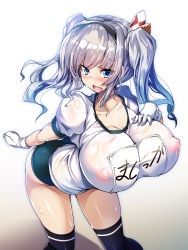 alternate_breast_size black_buruma black_thighhighs blush breasts buruma collarbone covered_erect_nipples fang gloves gym_uniform hair_ornament hairband hand_on_own_chest highres huge_breasts kantai_collection kashima_(kancolle) knees_together_feet_apart looking_at_viewer name_tag nipples no_bra open_mouth see-through shirt short_sleeves sidelocks silver_hair solo sweatdrop thighhighs thighs torisan twintails wavy_hair wavy_mouth wet wet_clothes wet_shirt white_background rating:Questionable score:42 user:danbooru