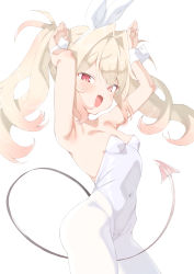  1girl armpits arms_up blonde_hair breasts covered_navel demon_tail highres kz_oji leotard looking_at_viewer open_mouth original pantyhose playboy_bunny red_eyes slit_pupils small_breasts solo tail white_leotard white_pantyhose  rating:Sensitive score:27 user:danbooru