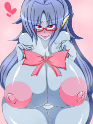  1girl blue_hair blue_panties blue_skin blush breasts colored_skin female_focus gigantic_breasts glasses heart huge_nipples idzm.aneki large_areolae long_hair maremare mature_female nipples panties red_eyes simple_background smile solo thick_thighs thigh_gap thighs topless underwear wide_hips 