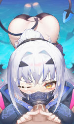  1girl ass bikini black_bikini black_jacket censored cropped_jacket cum cum_in_mouth dragon_girl dragon_tail facial fate/grand_order fate_(series) fellatio forked_eyebrows hetero high_ponytail highres hongshi_(13234456009) jacket loli long_hair long_sleeves looking_at_viewer mask melusine_(fate) melusine_(swimsuit_ruler)_(fate) melusine_(swimsuit_ruler)_(first_ascension)_(fate) messy_hair mouth_mask one_eye_closed oral penis shrug_(clothing) sidelocks swimsuit tail water white_hair wide_hips yellow_eyes  rating:Explicit score:163 user:PuttHutt