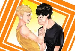  2boys amamiya_ren arm_up bad_id bad_pixiv_id black-framed_eyewear black_hair black_shirt blonde_hair blush brown_eyes covering_another&#039;s_mouth crew_neck eye_contact glasses grey_eyes hand_on_another&#039;s_arm hand_over_another&#039;s_mouth looking_at_another male_focus multiple_boys nancywang open_mouth persona persona_5 profile sakamoto_ryuuji shirt short_hair single_bare_shoulder star_(symbol) t-shirt tank_top teeth upper_body upper_teeth_only very_short_hair wavy_hair yaoi yellow_tank_top 