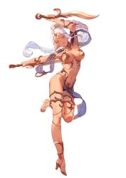  1girl arm_up armlet armpits black_panties braid braided_ponytail breasts brown_eyes cleavage closed_mouth colored_eyelashes dancing dark-skinned_female dark_elf dark_skin dual_wielding elf elf_village eyelashes floating_hair full_body groin hand_up head_tilt high_heels highres holding holding_sword holding_weapon kinta_(distortion) large_breasts leg_up long_hair looking_at_viewer medium_breasts midriff natigal navel official_art original outstretched_arm panties parted_bangs pelvic_curtain pointy_ears purple_panties revealing_clothes single_braid smile solo standing standing_on_one_leg stomach sword thighlet transparent_background underboob underwear very_long_hair weapon white_hair  rating:Sensitive score:32 user:danbooru