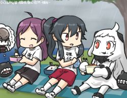  3girls :d ^_^ abyssal_ship ahoge black_hair casual closed_eyes colored_skin commentary_request dated destroyer_water_oni eating escort_fortress_(kancolle) closed_eyes food food_on_face gym_shorts gym_uniform hagikaze_(kancolle) hamu_koutarou handkerchief horns kantai_collection long_hair mittens multiple_girls northern_ocean_princess bento one_side_up open_mouth orange_eyes partially_translated ponytail purple_hair rain red_eyes rice rice_on_face shorts smile thought_bubble translation_request tree white_hair white_legwear white_skin yahagi_(kancolle) 