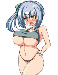 10s 1girl angry blue_hair blush breasts cameltoe female_focus hair_ornament hair_ribbon huge_breasts kantai_collection kasumi_(kancolle) looking_at_viewer moyashi_udon navel no_pants panties ribbon side_ponytail simple_background solo standing tank_top underboob underwear white_background yellow_eyes rating:Sensitive score:30 user:Xander