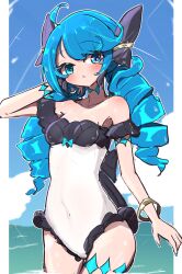 1girl absurdres alternate_costume bare_shoulders black_bow black_one-piece_swimsuit blue_hair blush bow bracelet breasts collarbone cowboy_shot day drill_hair green_eyes gwen_(league_of_legends) hair_bow hand_in_own_hair highres jewelry league_of_legends monakan_japan one-piece_swimsuit outdoors small_breasts solo swimsuit twin_drills twintails wading water white_one-piece_swimsuit rating:Sensitive score:11 user:danbooru