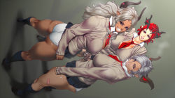 3girls bandages bandaid blazer breasts castanic castanics covered_erect_nipples dagashiya futanari horns jacket konbuni large_breasts lipstick long_hair makeup multiple_girls necktie open_clothes open_mouth panties penis penises_touching pointy_ears puffy_nipples red_eyes red_hair school_uniform short_hair skirt smile socks tera_online thick_thighs thighs underwear yellow_eyes