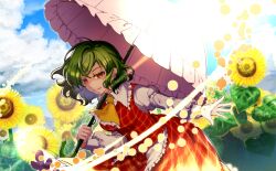  1girl attack blue_sky cloud collared_shirt danmaku frilled_shirt frilled_shirt_collar frilled_skirt frills game_cg garden_of_the_sun green_hair half-closed_eyes holding holding_umbrella juliet_sleeves kazami_yuuka leaf leaning_forward long_sleeves looking_at_viewer loose_hair_strand miniskirt official_art outdoors outstretched_arm parasol parted_lips plaid plaid_skirt plaid_vest puffy_sleeves red_eyes red_skirt red_vest shirt short_hair skirt skirt_set sky smile socha sunlight teeth third-party_source touhou touhou_cannonball umbrella vest wavy_hair white_shirt 