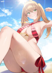  1girl absurdres armpits bikini blonde_hair blue_sky breasts cloud day earrings fate/grand_order fate_(series) green_eyes hair_intakes highres jewelry knees_up kurozawa_yui large_breasts nero_claudius_(fate) nero_claudius_(fate)_(all) nero_claudius_(swimsuit_caster)_(fate) outdoors red_bikini red_nails sitting sky solo sunlight swimsuit thighs 