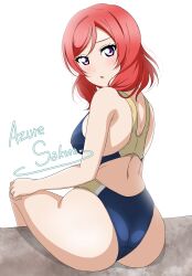  1girl absurdres artist_name ass azuresakura back_cutout blush breasts clothing_cutout commentary_request competition_swimsuit covered_erect_nipples from_behind highleg highleg_swimsuit highres long_hair looking_at_viewer looking_back love_live! medium_breasts medium_hair nishikino_maki one-piece_swimsuit parted_lips purple_eyes red_hair signature simple_background sitting smile solo swimsuit thighs two-tone_swimsuit white_background 