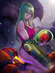  1girl absurdres arm_cannon breasts green_eyes grey_hair high_heels highres justin_bailey kneeling leotard lips long_hair looking_at_viewer medium_breasts metroid metroid_(classic) metroid_(creature) mole mole_under_mouth nintendo samus_aran solo toned varia_suit weapon xuuikie_ashe 