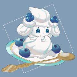  alcremie alcremie_(berry_sweet) blue_background blue_eyes blueberry commentary_request creatures_(company) food fruit game_freak gen_8_pokemon hands_up highres nintendo no_humans parted_lips plate pokemon pokemon_(creature) simple_background solo spoon sumi_fms 