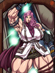 1girl absurdres aqua_eyes arm_up armpits breasts curvy female_focus final_fantasy final_fantasy_xiii fingerless_gloves gloves gluteal_fold highres huge_breasts lightning_farron long_hair looking_at_viewer muscular muscular_female osmar-shotgun pink_hair solo square_enix thick_thighs thigh_strap thighs wide_hips