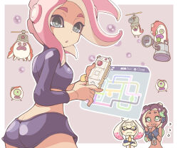  3girls :o agent_8_(splatoon) amatta_page aqua_eyes aqua_hair ass black_gloves black_shirt black_skirt blonde_hair blush_stickers brown_hair butt_crack cephalopod_eyes closed_mouth commentary_request cowboy_shot crop_top crossed_arms crown dark-skinned_female dark_skin dress fingerless_gloves flying_sweatdrops from_behind gloves green_eyes headphones inkling long_hair long_sleeves looking_back map marina_(splatoon) medium_hair midriff miniskirt mole mole_under_mouth multicolored_hair multiple_girls nintendo octarian_(enemy) octoball octobomber octocopter octoling octoling_girl octoling_player_character octotrooper open_mouth outline pearl_(splatoon) pink_background pink_hair pink_pupils red_hair shirt skirt sleeveless sleeveless_dress splatoon_(series) splatoon_2 splatoon_2:_octo_expansion star-shaped_pupils star_(symbol) suction_cups symbol-shaped_pupils tentacle_hair two-tone_hair white_dress white_outline wristband yellow_eyes zipper zipper_pull_tab 