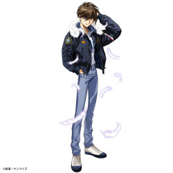 1boy black_jacket blue_eyes brown_hair casual falling_feathers feathers fur-trimmed_jacket fur_trim grey_pants gundam gundam_wing hair_between_eyes heero_yuy highres hood hooded_jacket jacket looking_at_viewer male_focus official_art open_clothes open_jacket pants shirt short_hair solo streetwear white_background white_shirt white_sneakers