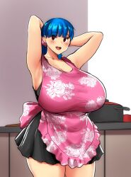  1girl apron arms_behind_head black_dress blue_hair blush breasts cooking_pot cowboy_shot dress earrings erkaz frilled_apron frills highres huge_breasts jewelry looking_at_viewer open_mouth original pink_apron print_apron rina_atherina smile solo  rating:Sensitive score:23 user:danbooru