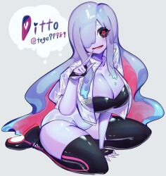  black_eyes blouse blue_hair breasts cleavage creatures_(company) ditto finger_to_mouth fingernails game_freak gen_1_pokemon heart heart-shaped_pupils large_breasts long_hair looking_at_viewer monster_girl multicolored_hair nintendo one_eye_covered pink_hair pokemon pokemon_(creature) purple_hair see-through shirt slime_girl smile symbol-shaped_pupils thighhighs thighs togetoge very_long_hair  rating:Sensitive score:27 user:Zbidiboui