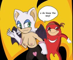 1boy 1girl absurdres animal_ears animal_nose black_eyes breasts brown_headband closed_mouth comic_sans commentary english_commentary english_text engrish_text flaccid furry furry_female green_eyes headband highres incredibly_absurdres knuckles_the_echidna looking_to_the_side medium_breasts meme nipples nude penis ranguage rouge_the_bat sonic_(series) speech_bubble ugandan_knuckles yellow_background