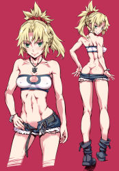  1girl ass back belt blonde_hair boots bracelet breasts butt_crack covered_erect_nipples fate/apocrypha fate_(series) green_eyes grin highres jewelry long_hair mordred_(fate) mordred_(fate/apocrypha) mordred_(memories_at_trifas)_(fate) navel necklace ponytail purple_background shorts simple_background smile strapless suzuki24 tube_top  rating:Questionable score:56 user:danbooru