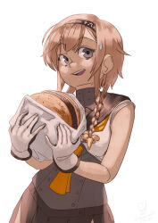  1girl absurdres black_headband black_sailor_collar black_skirt braid burger clothes_writing corset food grey_eyes hair_ornament headband highres holding kantai_collection light_brown_hair looking_at_viewer neckerchief open_mouth orange_neckerchief propeller_hair_ornament ron_(pixiv83091338) sailor_collar sailor_shirt shirt simple_background skirt sleeves_rolled_up solo teeth teruzuki_(kancolle) twin_braids upper_body upper_teeth_only white_background white_shirt 