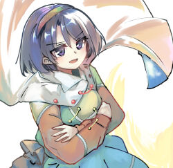  1girl :d aura breasts cape cloak cloud_print crossed_arms dress ginnkei hairband multicolored_clothes multicolored_dress multicolored_hairband open_mouth patchwork_clothes purple_eyes purple_hair rainbow_gradient short_hair simple_background sky_print small_breasts smile solo tenkyuu_chimata touhou two-sided_cape two-sided_fabric upper_body v-shaped_eyebrows white_background white_cape white_cloak zipper 