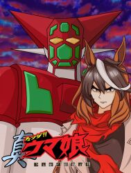  1girl black_eyes brown_hair commentary cosplay doctor_in_charge_(zacx5338) earrings getter-1 getter_robo hair_between_eyes highres horse_girl jewelry light_brown_hair long_hair looking_at_viewer mecha nagai_gou_(style) nagare_ryoma nagare_ryoma_(cosplay) parody pun red_scarf robot scarf shin_getter_robo single_earring style_parody super_robot symboli_rudolf_(umamusume) thick_eyebrows translation_request umamusume 