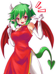  &gt;:d 1girl :d bare_shoulders breasts china_dress chinese_clothes draco_centauros dragon_wings dress elbow_gloves fang female_focus gloves green_hair hair_between_eyes highres horns large_breasts madou_monogatari messy_hair open_mouth pants pants_under_dress pointy_ears puyopuyo red_dress sakuramau short_hair side_slit simple_background sleeveless sleeveless_dress smile solo tail v-shaped_eyebrows white_gloves white_legwear white_pants wings yellow_eyes  rating:Sensitive score:10 user:danbooru