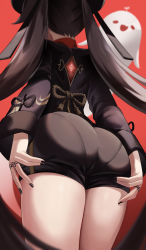  1girl absurdres arms_behind_back ass ass_grab ass_support bad_id bad_pixiv_id black_nails brown_hair brown_shirt brown_shorts fingernails from_behind genshin_impact ghost highres hu_tao_(genshin_impact) huge_ass jewelry jsih legs_together long_hair long_sleeves multiple_rings nail_polish pantylines red_background ring shirt short_shorts shorts simple_background solo standing tassel thighs trefoil twintails very_long_hair vision_(genshin_impact)  rating:Questionable score:174 user:armorcrystal