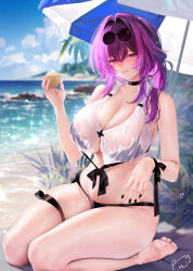  1girl alternate_breast_size artist_logo bare_shoulders beach_umbrella bikini black_bikini black_choker black_nails blush bottle breasts choker cleavage collared_shirt commentary_request crop_top eyewear_on_head groin hair_between_eyes hair_intakes highres holding holding_bottle honkai:_star_rail honkai_(series) huge_breasts kafka_(honkai:_star_rail) kneeling looking_at_viewer lotion nail_polish obiwan open_clothes open_shirt ponytail purple_eyes purple_hair round_eyewear seiza shirt signature sitting skindentation smile solo sunglasses sunscreen swimsuit thigh_strap umbrella wet wet_clothes wet_shirt white_shirt 