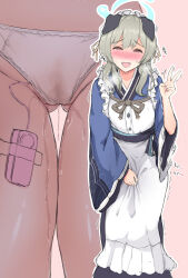  1girl animal_ears apron blue_archive blue_halo blue_kimono blush breath close-up dog_ears female_orgasm gluteal_fold halo heavy_breathing highres japanese_clothes kimono long_hair long_sleeves looking_at_viewer maid maid_headdress multiple_views object_insertion open_mouth orgasm oumi_(rsag) panties pussy_juice pussy_juice_stain sex_toy simple_background smile standing sweat trembling umika_(blue_archive) underwear v vaginal vaginal_object_insertion vibrator vibrator_cord vibrator_under_clothes vibrator_under_panties wa_maid wet wet_clothes wet_panties white_apron white_background white_panties  rating:Explicit score:74 user:danbooru