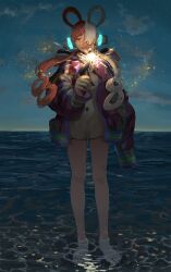 1girl absurdres arm_up bare_legs barefoot cloud cloudy_sky dress fireworks full_body giving hair_over_one_eye headgear highres holding jacket long_hair long_sleeves looking_at_viewer low_twintails multicolored_clothes multicolored_hair multicolored_jacket night ocean one_piece one_piece_film:_red open_mouth puffy_sleeves purple_eyes qrioic74 red_hair short_dress sky smile sparkler standing twintails two-tone_hair uta_(one_piece) wading white_dress white_hair rating:General score:5 user:danbooru