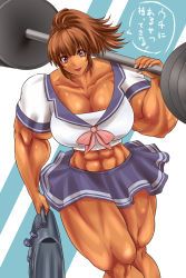  bag bookbag breasts brown_eyes brown_hair extreme_muscles happy highres macto ponytail school_uniform translation_request weights 